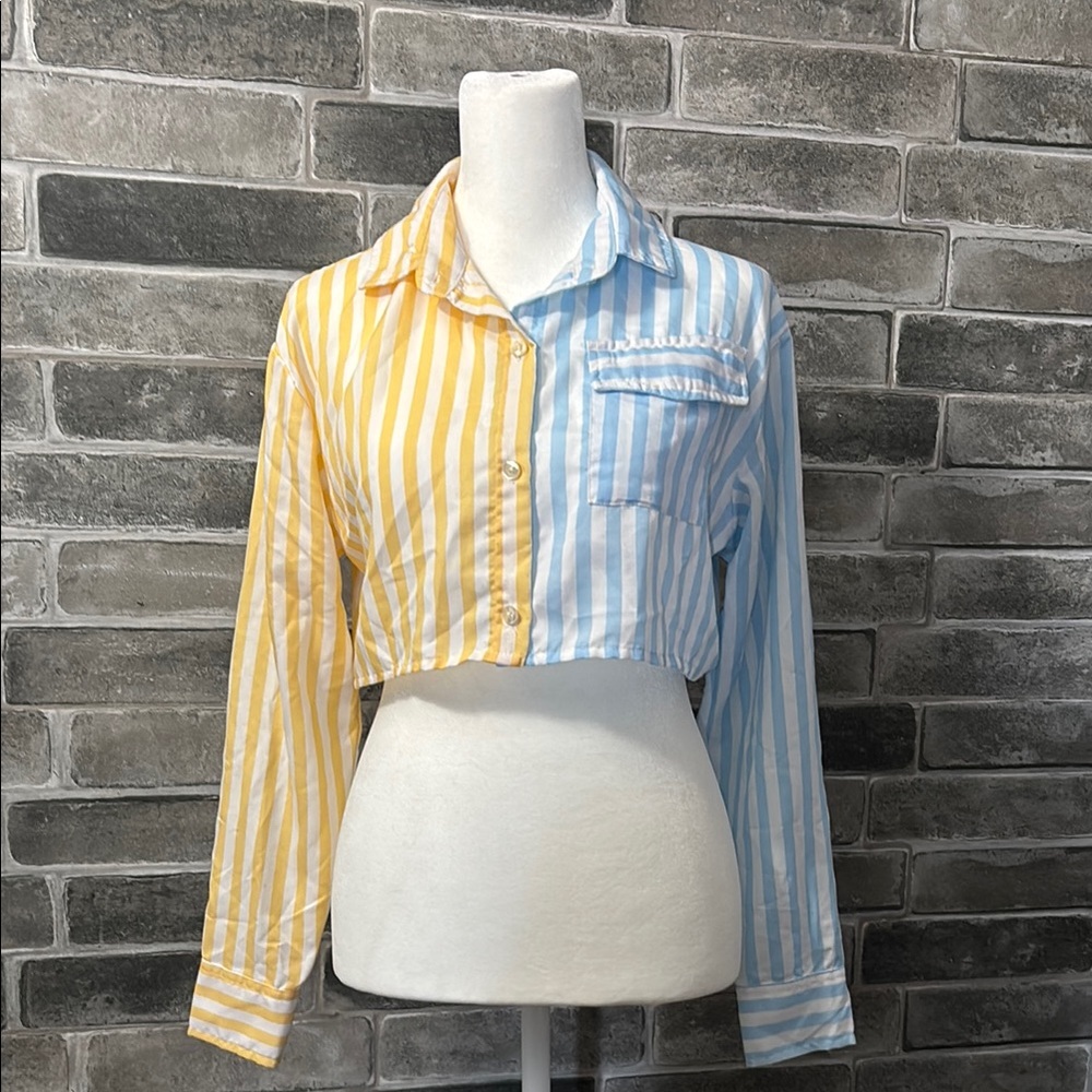 Striped Yellow and Blue Cropped Shirt